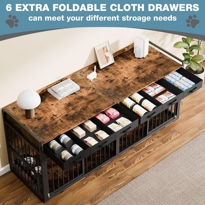 86.6Inch Large Double Dog Crate Furniture,Heavy Duty Metal Frame Dog Crate Kennel with Adjustable Feeder Bowls and Removable Divider&Drawers,Chew-Resistant Dog Kennel for 2 Dogs Indoor