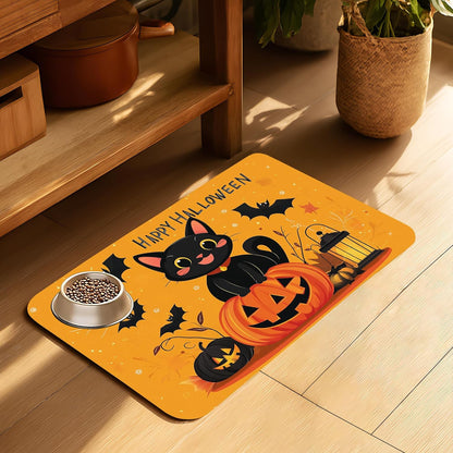 Happy Halloween Cat Pet Feeding Mat for Floors-Absorbent Dog Bowl Mat for Food and Water, Quick Dry Pet Cat Feeding Mats with Non Slip Bottom, Mess-Free Dog Accessories 12"x20"