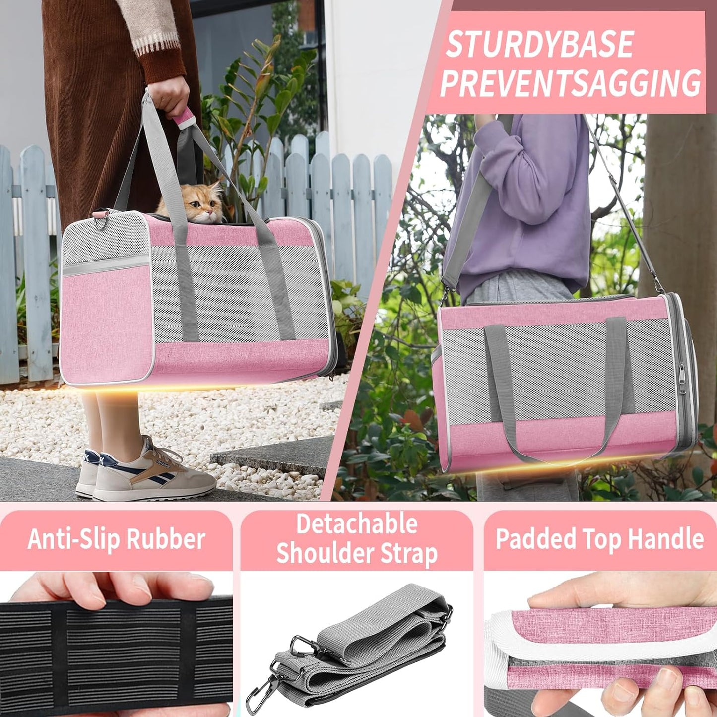 Cat Carrier 20lbs Top Open/Soft Sided Small Pet Dog Travel Carrying Crate/Collapsible Puppy Transport Carry Bag/Sturdy Pet Cages Chihuahuas Mini Dog 10lbs Pink