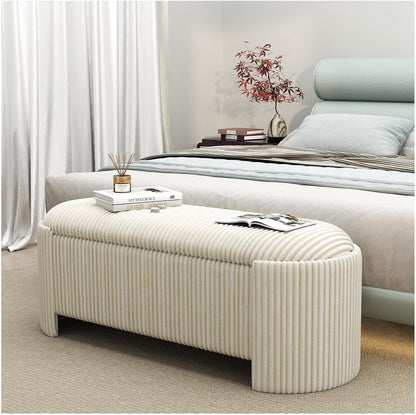 Storage Ottoman Bench Upholstered Corduroy End of Bed with Safety Hinge for Bedroom, Living Room, Entryway, Closet, Stool Modern Design Legs, No Installation Needed, White