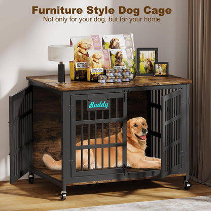EasyCom 42"/41"/33" Dog Crate Furniture with Name Tag, XL Heavy Duty Dog Kennel Indoor for Large and Medium Dogs, Double-Doors Sturdy Dog Cage for Anxiety Dog, Decorate House as TV Stand