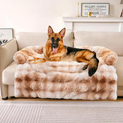 FUNNY FUZZY Pet Fluffy Plush Calming Dog Couch Bed Sofa Protector Washable Pets Mat for Large Medium Small Dogs and Cats (Tie-dye Brown,47.24 × 37.4 × 6.3 in)