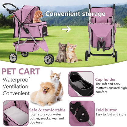 Dog Stroller,3 Wheels Travel Folding Pet Stroller for Small Medium Dog Cat Jogger Stroller with Storage Basket Removable Liner Pink