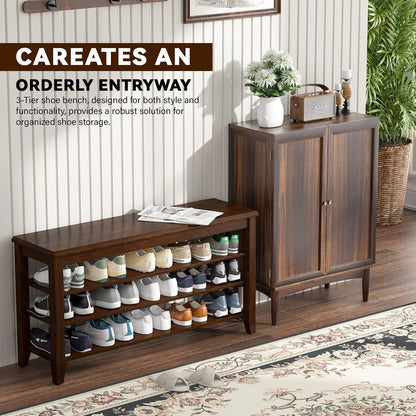 Shoe Bench Storage Rubberwood, Entryway Bench with 3-Tiers Height Adjustable, Shoe Rack Front Door Entrance Organizer for Hallway Living Room, Mudrooms, Walnut,23.6"