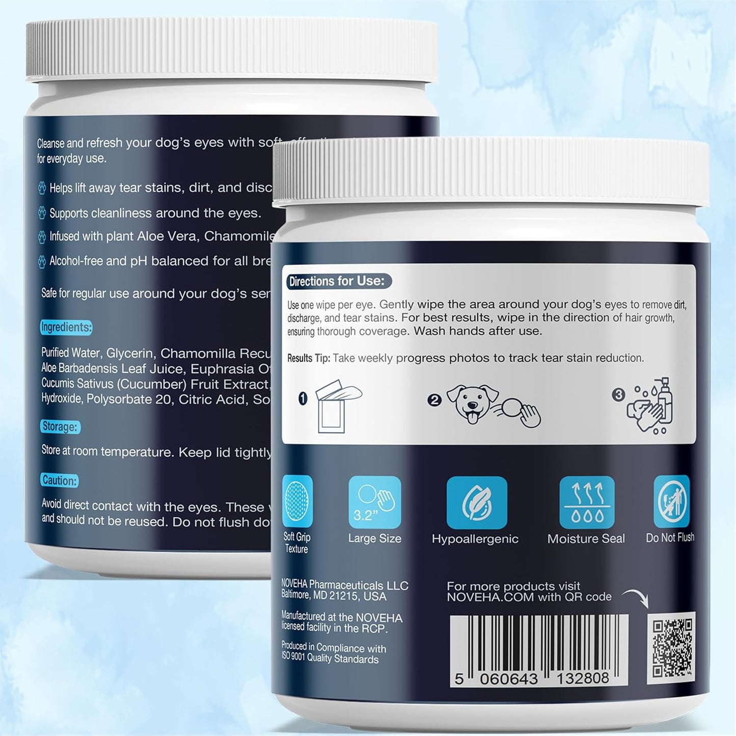 NOVEHA Cat & Dog Eye Wipes Tear Stain Remover for Discharge and Crust | White Pet Face Wipes | Easy Daily Pets Gentle Eye Cleaner for Whitening & Cleansing | 2PK - 150 Large Pk Round Wipes