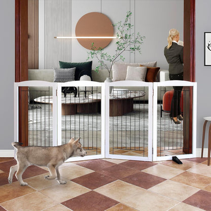 ZJSF Freestanding Dog Fence Indoor, Foldable Dog Gate for Doorways, Stairs or Hallways, Sturdy Wood Extra Wide Pet Gate with Support Feet for The House, White, 32 "Height-4 Panels