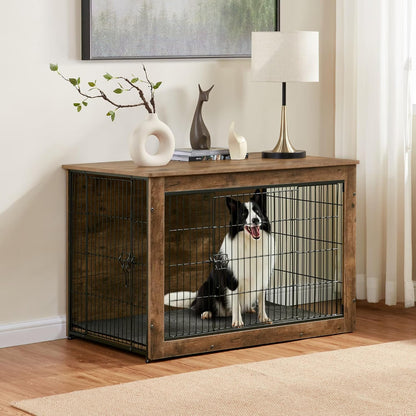 Dog Kennel Furniture, Wooden Dog Crate End Table, Heavy Duty Dog Crate, Decorative Pet Crate Dog Cage for Large Indoor Use (Rustic Brown) 39" L×26" W×27" H