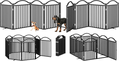 BHG Metal No-Assembly Freestanding Dog Gate with Door Walk Through, Extra Wide 96", Extra Tall 32" Pet Gate, Accordion Puppy Folding Playpen Dog Fence, with 2PCS Support (Black, 8 Panels)