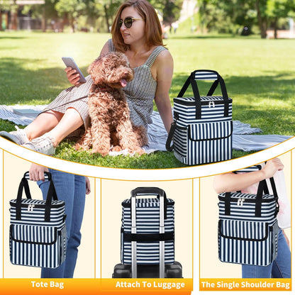 Dog Travel Bag for Camping - Pet Travel Accessories with 2 Collapsible Bowls, 2 Food Containers & Waterproof Feeding Mat - Portable Dog Carrier, Stripe (Small)