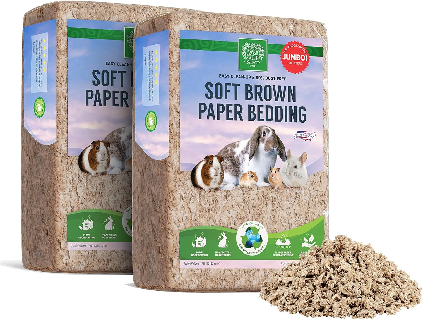 Small Pet Select Brown Natural Paper Bedding, Soft Animal Bedding with Odor Control for Guinea Pig, Rabbit, Hamster, or Bunny, Cage Accessories, Made in the USA, 178L (2 Pack)