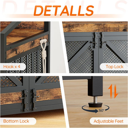 HOOBRO 43.3" Dog Crate Furniture, Heavy Duty Dog Kennel Indoor with Storage Shelves, Wooden Dog Cage with LED Lights, for Medium Large Breed, Rustic Brown and Black BF89DGW03