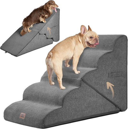 EHEYCIGA Curved Foldable Dog Stairs Ramp for High Beds 22.5" H, 5-Step Dog Steps for Small Dogs and Cats, Pet Stairs for High Bed Climbing, Non-Slip Balanced Pet Step Indoor, Grey