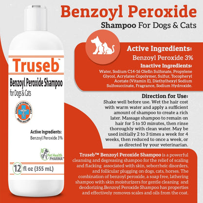 Truseb | Benzoyl Peroxide 3% Shampoo for Dogs,Cats and Horses (3% Benzoyl Peroxide Shampoo, 12 oz)