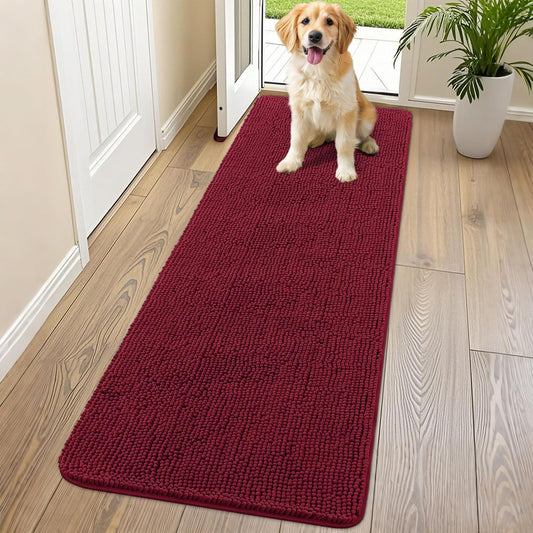Smiry Dog Door Mat for Muddy Paws 70x24, Absorbs Moisture and Dirt Doormat, Non-Slip Washable Quick Dry Chenille Front Door Mat Indoor Entrance, Entryway Carpet for Inside Floor, Burgundy