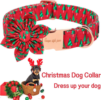 Unique style paws Christmas Dog Collar with Flower Best Winter for Small Medium Large Dogs -Christmas Tree-XL