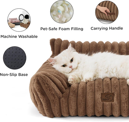 Bedsure Cute Cat Couch for Pets - Fluffy Small Dog Sofa with Premium Soft Corduroy Fleece, Pet Sofa with Removable Washable Cover, Supportive Dog Couch Bed for Small Medium Dogs, 30inch, Copper Brown