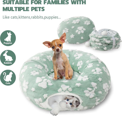 Cat Tunnel for Indoor Cats, Cute Peekaboo Cave with Dangling Balls, Pet Donut Tunnel Bed with Circle Mat for Puppy Kitten Rabbit, Green