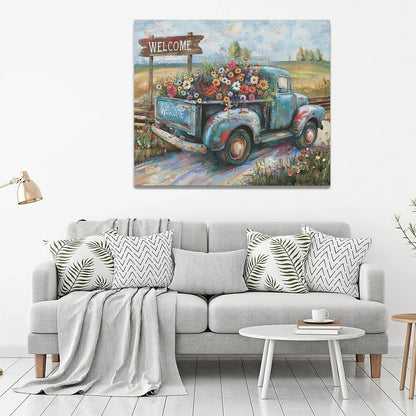 Farmhouse Truck Wall Art Rustic Country Wildflowers Wall Decor Road Flowers Landscape Pictures Canvas Print Painting Artwork for Bathroom Living Room Bedroom 20"x24"