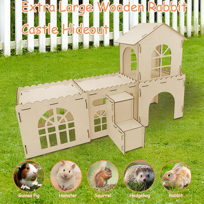 YUEPET Extra Large Wooden Rabbit Hideout Castle Detachable Bunny Tunnel Hut with Ramp Small Animal Houses & Habitats for Outdoor Indoor Rabbit Guinea Pig Chinchilla Ferret Hamster to Rest Hideawy Play