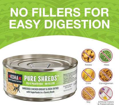 KOHA Pure Shreds Chicken and Duck Entrée for Cats, High Protein Wet Cat Food, 5.5oz Cans (Pack of 12)