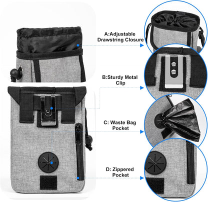 Airline Approved Dog Travel Bag with 2 Dog Treat Training Pouches, Tote Organizer for Weekend Pet Travel Supplies & Accessories, 2 Collapsible Bowls, 2 Food Container (Grey)