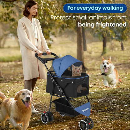 Pet Stroller,Dog Stroller for Small Medium Dogs Cats,3 Wheels,Foldable,with Breathable Mesh Canopy,Cup Holders,Easy Assembly,Blue+Black