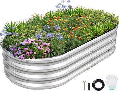 1MORE Galvanized Raised Garden Bed- Planter Garden Boxes Outdoor, Raised Beds for Gardening, 4x2x1ft Metal Garden Bed Kit for Vegetables Flower, Planter Raised Bed with Protective Tape & Tools.Silver
