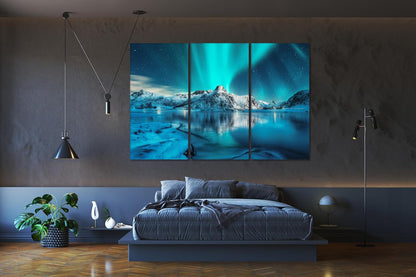 Nature Wall Art Prints - Ocean Forest Mountain Lake Canvas Landscapes - Small to Extra Large Living Room Bedroom Kitchen Bathroom Décor (Northern Lights Over Lake, 55L" x 83W"- 3 Panels)