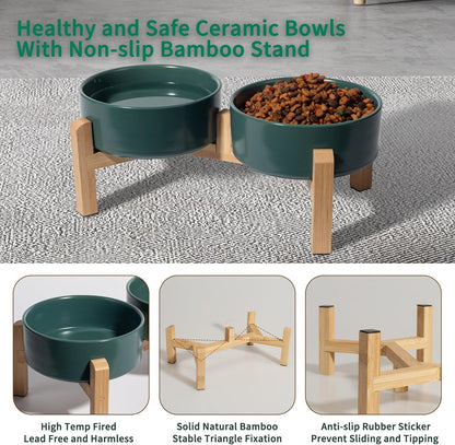 Elevated Ceramic Dog Bowl Set - Raised Feeding Bowls with Non-Slip Bamboo Stand - Small Pet Dishes for Food and Water - Ideal for Cats and Puppies - 16.23 OZ - 2 Cups - 480 ML