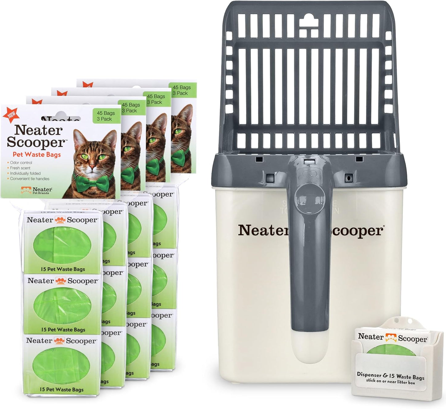 Neater Pet Brands Neater Scooper Standard Cat Litter Scoop, 195 Refill Bags – Mess-Free Cat Litter Scooper with Bag, Spill-Proof Kitty Box Sifter, Bin Doubles as Scoop Holder, For Single-Cat Household