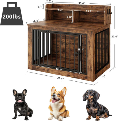 IRONCK Dog Crate Furniture, 33.4 inches Wooden Small Dog Crate with Storage and 4 Hooks, Heavy Duty Pet Crate for Small Dog, Decorative Pet Cage for Indoor (22" L x 33.4" W x 37.4" H)