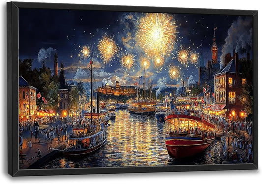 Framed Large Firework Night Sky Wall Art, Oversized European City Landscape Wall Decor for Living Room, River Boats Canvas Pictures Home Decoration for Living Room Bedroom Office 36"x24"