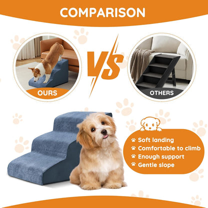 Pet Stairs for Small Dogs - 3-Step Curved Dog Ramp for Bed, Couch, Sofa, Car and Chairs - Non-Slip Bottom Design - High Density Foam Portable Pet Step - Navy