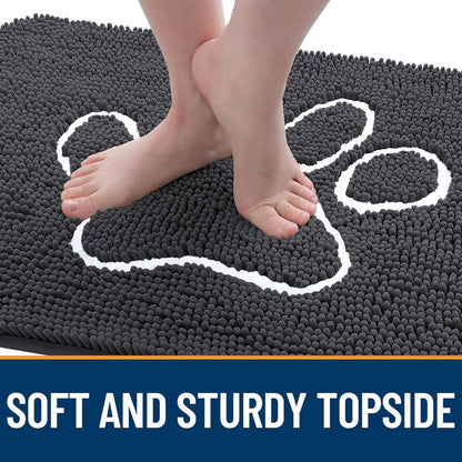 OLANLY Door Mat for Muddy Dog Paws 24x16, Ultra Absorbent Chenille Mud Doormat with Paw Print Design, Non-Slip Washable Doormat for Indoor Entryway, Quick-Dry Pet Bed Mats for Dirty Dogs, Dark Grey