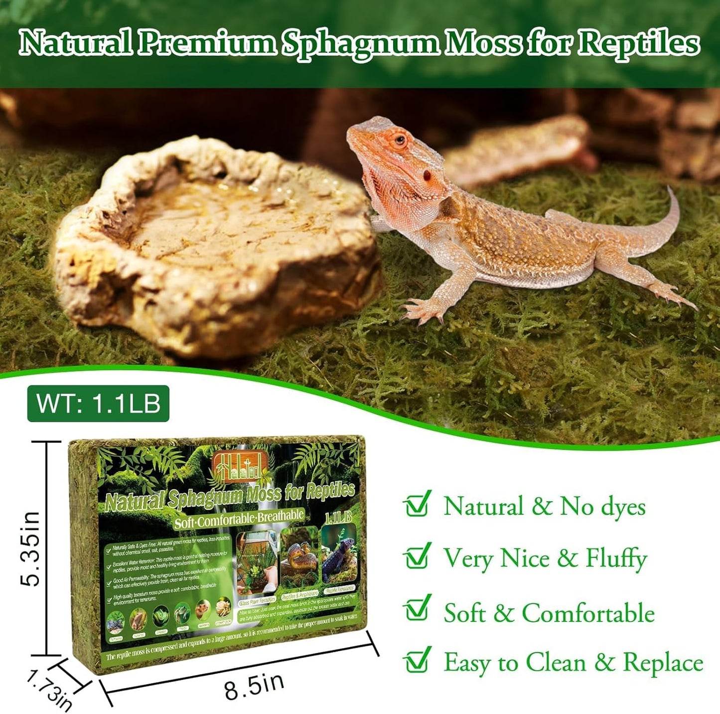 Halatool 1.1LB Natural Sphagnum Moss for Reptiles- 25QT Green Live Moss for Terrarium Plants Long Fiber Reptile Moss for Leopard Gecko Snake Hamsters Tortoises Frogs Lizards Salamanders