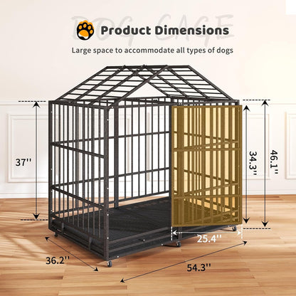 54 in Heavy Duty Indestructible Dog Crate Steel Escape Proof, High Anxiety Cage with Wheels, Removable Tray, Extra Large Dog Kennel XL XXL