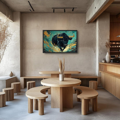 Large Bison Buffalo Wall Art for Living Room, Framed Oversized Bull Wall Decor, Abstract Teal and Golden Canvas Painting Modern Artwork for Living Room Bedroom Office Dining Room 36"x24"