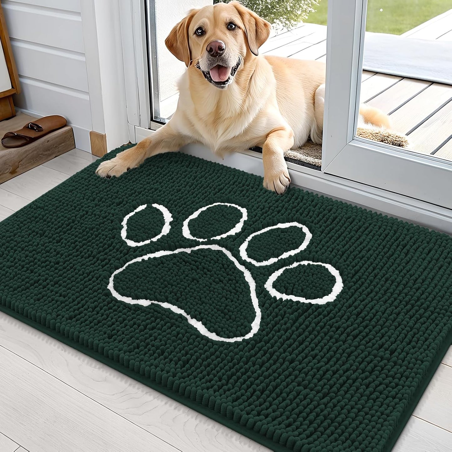 OLANLY Door Mat for Muddy Dog Paws 36x24, Absorbent Chenille Mud Doormat with Paw Print Design, Non-Slip Washable Doormat for Indoor Entryway, Quick-Dry Pet Bed Mats for Dirty Dogs, Blackish Green