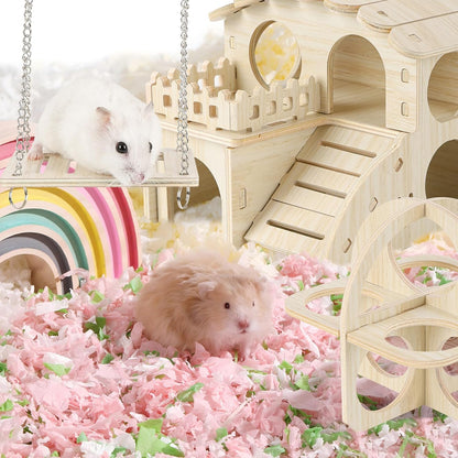 Wooden Hamster Toys 5-Piece Set - Natural Wood Hamster House, Swing, Climbing Ladder, Seesaw & Exercise Wheel - Small Animal Habitat Accessories for Dwarf Hamsters, Gerbils, Mice
