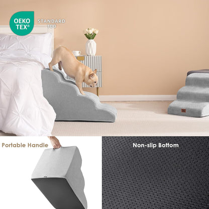 EHEYCIGA Curved Dog Stairs Ramp for High Beds 19.7" H, 4-Step Dog Steps for Small Dogs and Cats, Pet Stairs for High Bed Climbing, Non-Slip Balanced Pet Step Indoor, Light Grey