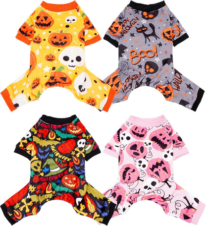 PET SHOW 4 Pack Halloween Small Dog Pajamas for Doggie Puppy Cats Kitten Onesies Pumpkin Ghost Soft Fleece Stretchy Jumpsuit Costume Boy Girl Pets PJs with Sleeve Clothes(XS)