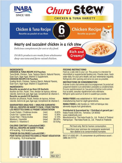 INABA Churu Stew for Cats, Side Dish Pouch with Vitamin E, 1.4 Ounces per Pouch, 12 Pouches, Chicken & Tuna Variety