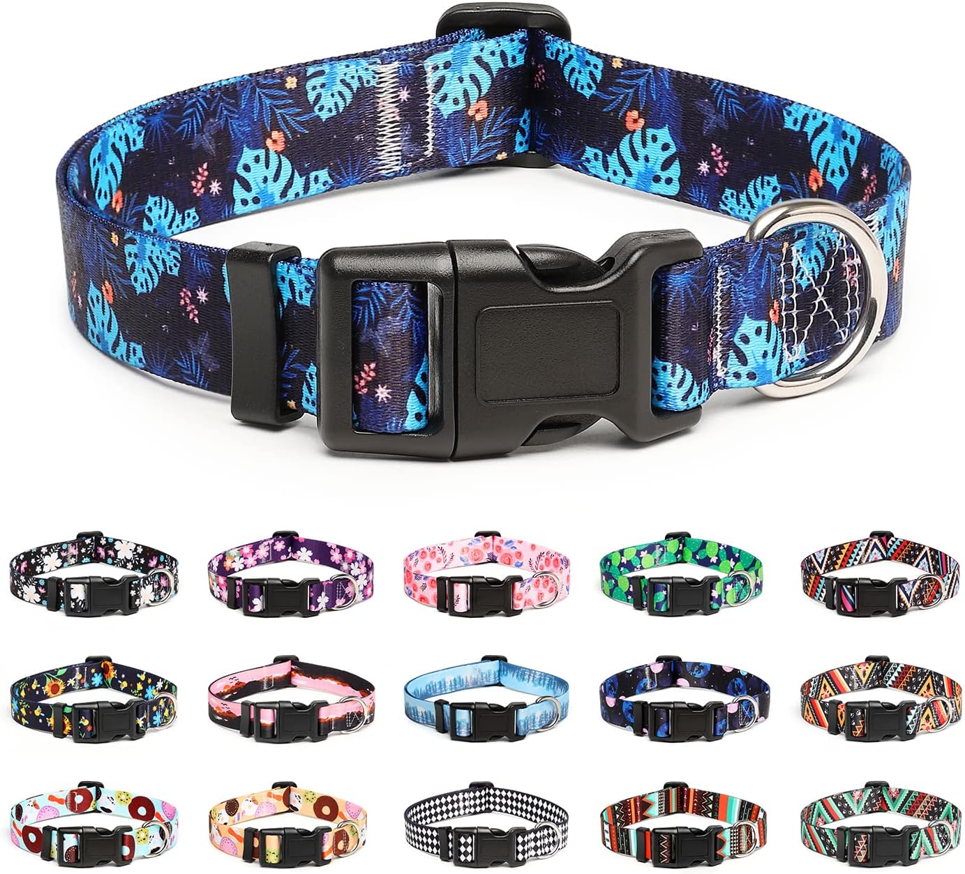Mercano Adjustable Dog Collar - Special Design Patterns, Soft Nylon Comfortable Durable Pet Collar for Small Medium Large Dogs (M, Monstera)
