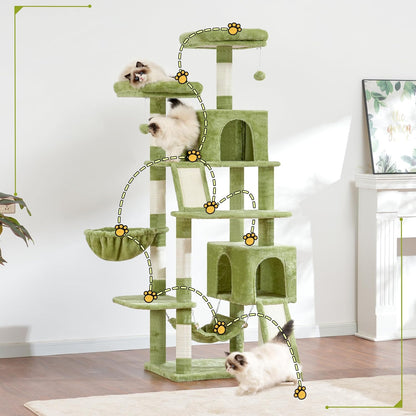 Cat Tree for Indoor Cats, 71'' (180cm) Multi-Level Cat Tower for Large Adult, Sturdy Cat Tree House with 2 Scratching Boards 7 Posts, 2 Plush Perches/Condos, Hammock, Green GCT032GR