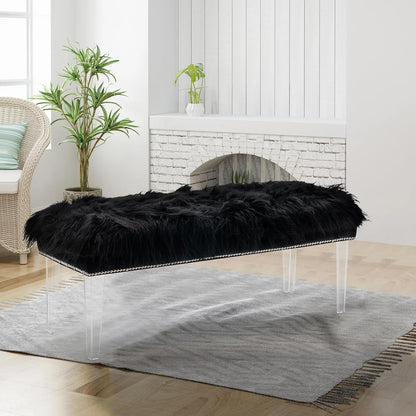 46 Inch Black Bedroom Bench, Benches for Bedroom White Faux Fur Upholstered Bed end Bench, Tufting Bench Indoor Bench with Acrylic Legs for Living Room Bedroom Dining Room Entryway, Black