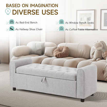 Ottoman with Storage, Tufted Storage Bench for Bedroom, 48" Fabrics End of Bed Bench, Upholstered Entryway Shoe Benches with Rolled Arm & Inner Zipper, Window Ottomans Chest without Rivets, Light Grey