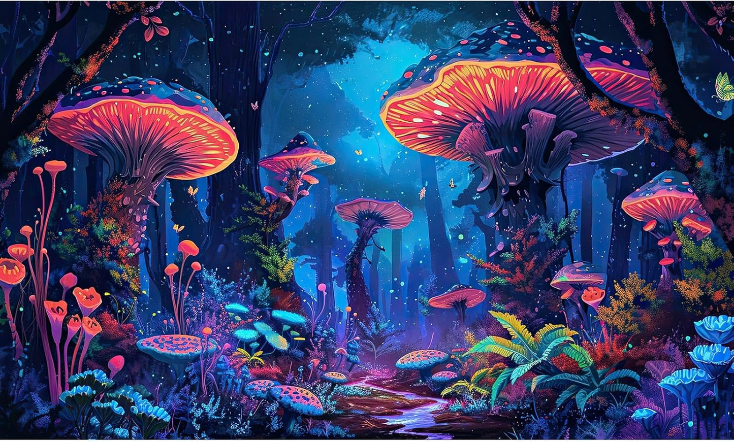 Mushrooms Aquarium Background Fantasy Bright Flowers Butterflies Fish Tank Backdrop Decoration Poster Trippy Wonderland Landscape with Giant Mystical Mushrooms Terrarium Background Decor 36x20in
