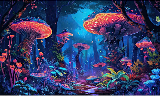 Mushrooms Aquarium Background Fantasy Bright Flowers Butterflies Fish Tank Backdrop Decoration