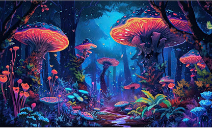 Mushrooms Aquarium Background Fantasy Bright Flowers Butterflies Fish Tank Backdrop Decoration Poster Trippy Wonderland Landscape with Giant Mystical Mushrooms Terrarium Background Decor 30x12in