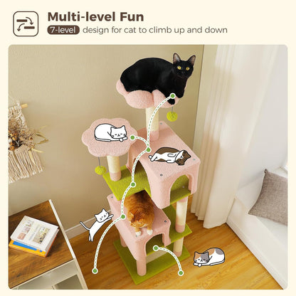 Flower Cat Tree, 62-Inch Large Cat Tower for Multi-Cat Households w/Scratching Posts, Multi-Level Cat Condo w/Cozy Top Perch & Scratching Pad, Padded Platform, 2 Pompoms, Pink